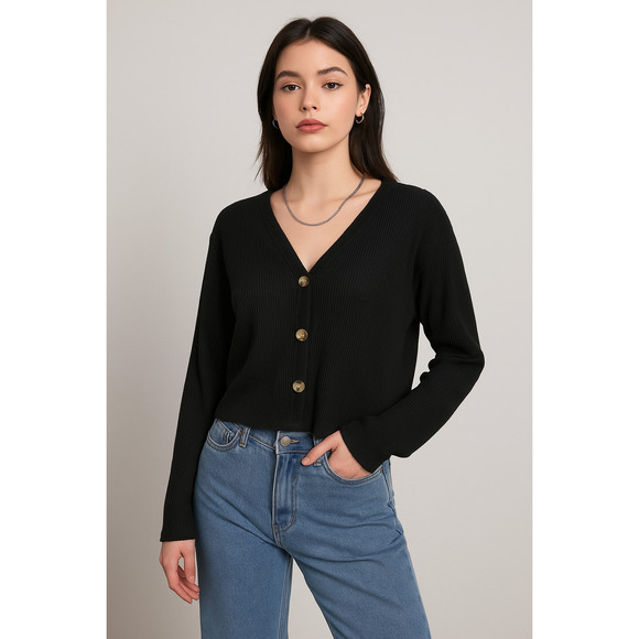 Time and Tru Black Ribbed Slouchy Knit Y2K Preppy Cardigan Sweater Womans 2XL - Picture 1 of 8